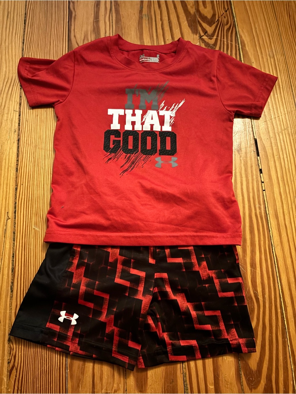 Under Armour Red Graphic 'I'm That Good' Tee and Black/Red Athletic Shorts Set